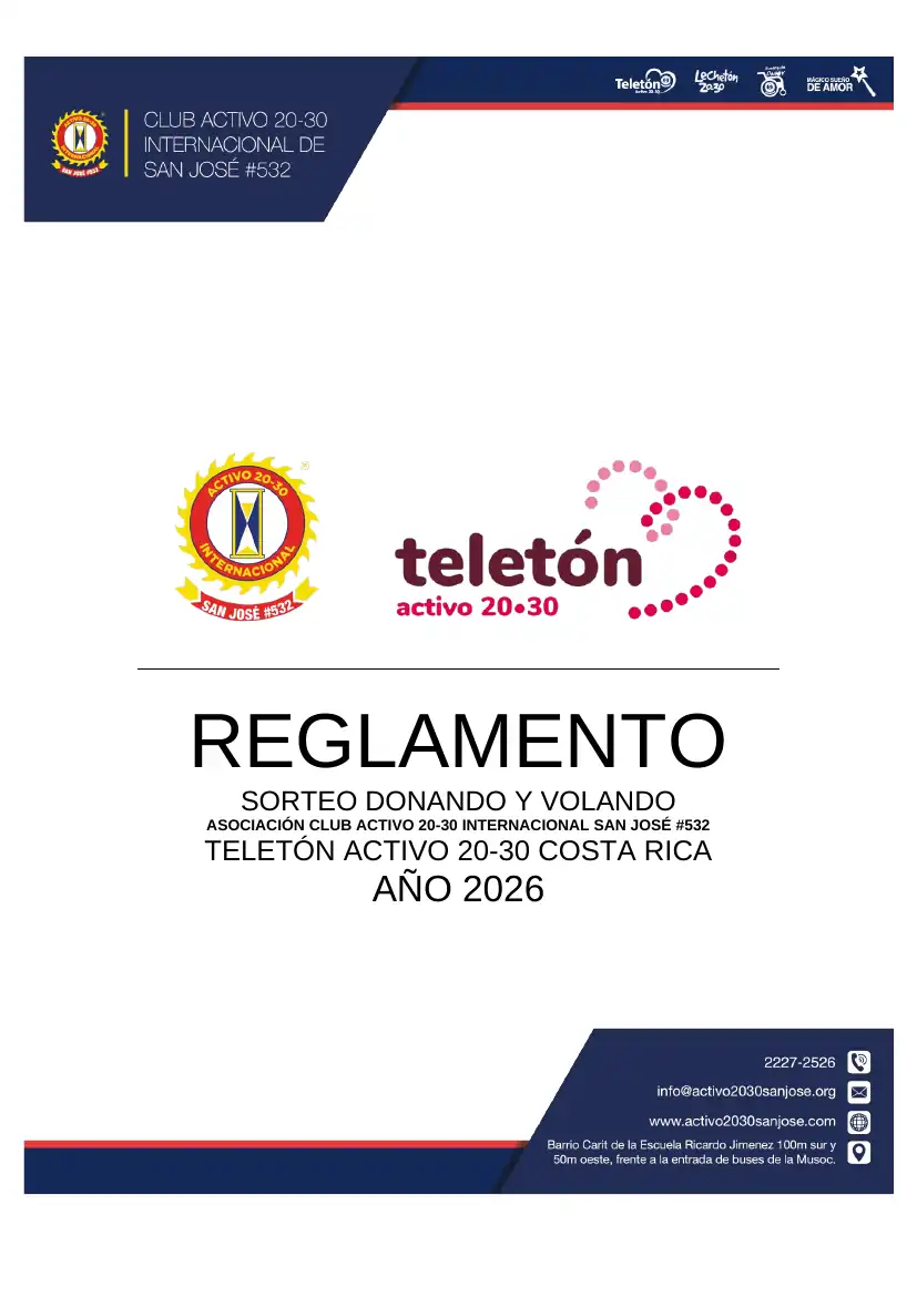 Portada: Reglamento sorteo Donando y Volando, Teletón Activo 20-30 Costa Rica 2026