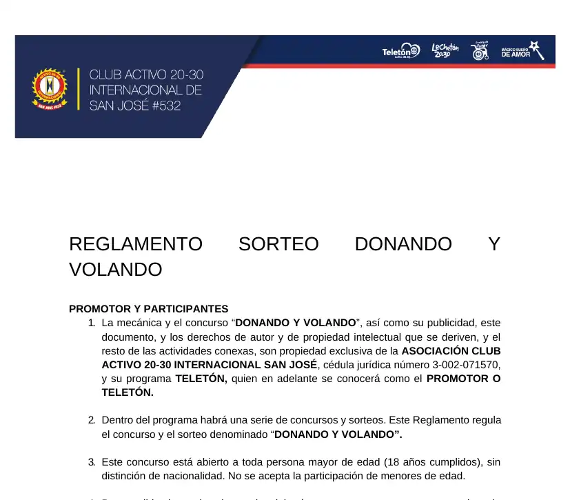 Primera página del reglamento del sorteo Donando y Volando